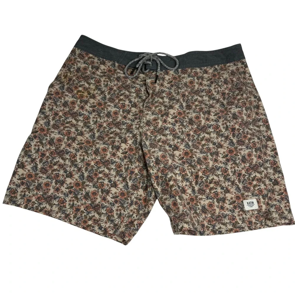 Katin Mens Floral Hybrid Board Shorts Size 32 Tan Orange Grey Surf‎ Trunks 1898